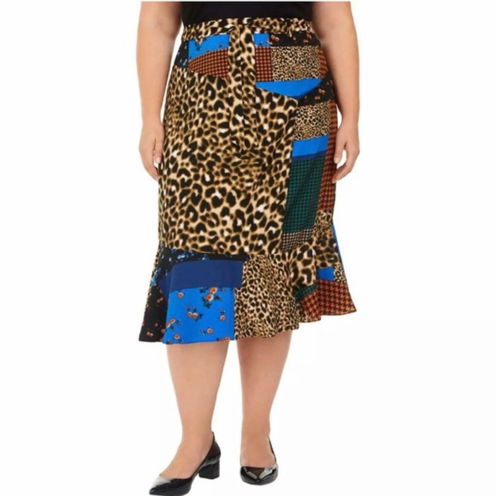 CALVIN KLEIN women's plus patchwork floral and animal print flare hem skirt 20W